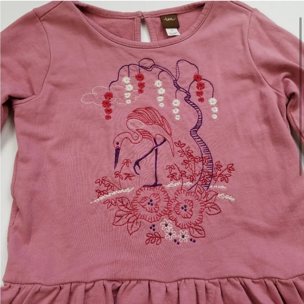 TEA COLLECTION whooping crane dusty rose long sleeve dress Girls Sz 2 Mauve Pink